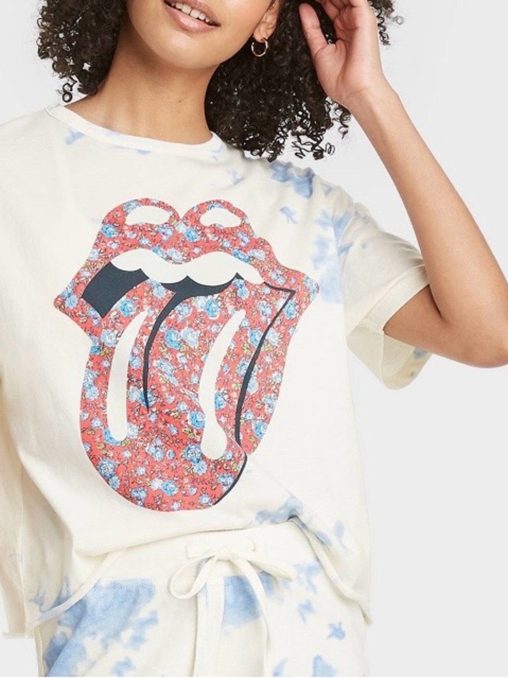 The Rolling Stones Distressed Floral Tongue Tie-Dye Crop Top T-Shirt XS